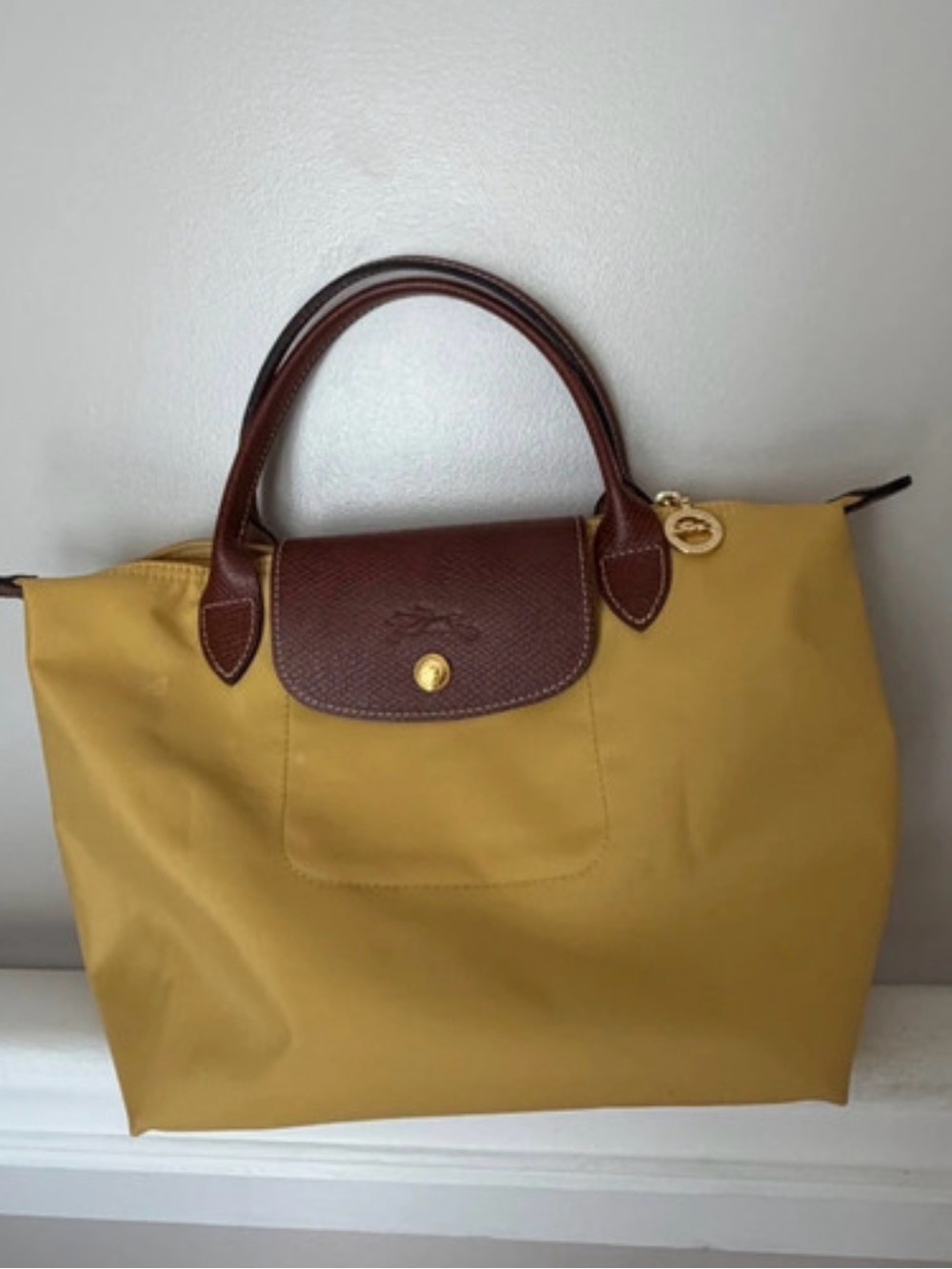 Longchamp Mustard Tote with Brown Leather Trim